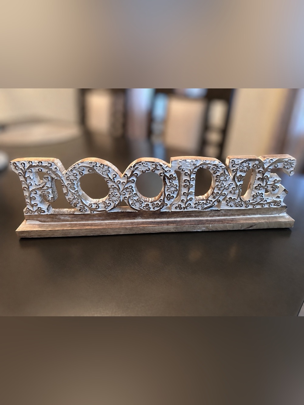 Decorative 'FOODIE' Wooden Table Sign in Distressed White